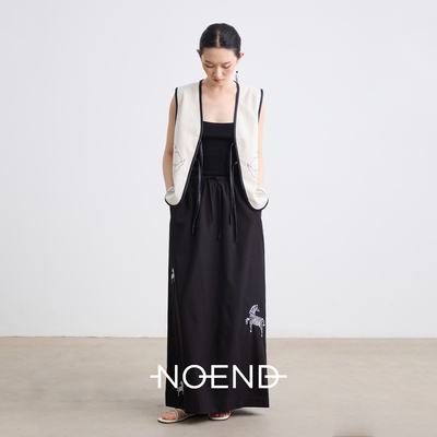 NOEND25SS 东方气韵】花卉刺绣拼接皮料宽松V领马甲宽  松半身裙