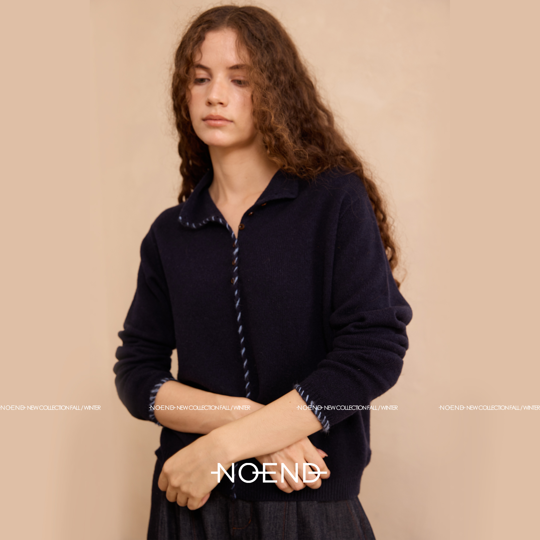 NOENDD25/撞色手工缝线单排扣高领绵羊毛山羊绒休闲长袖针织衫