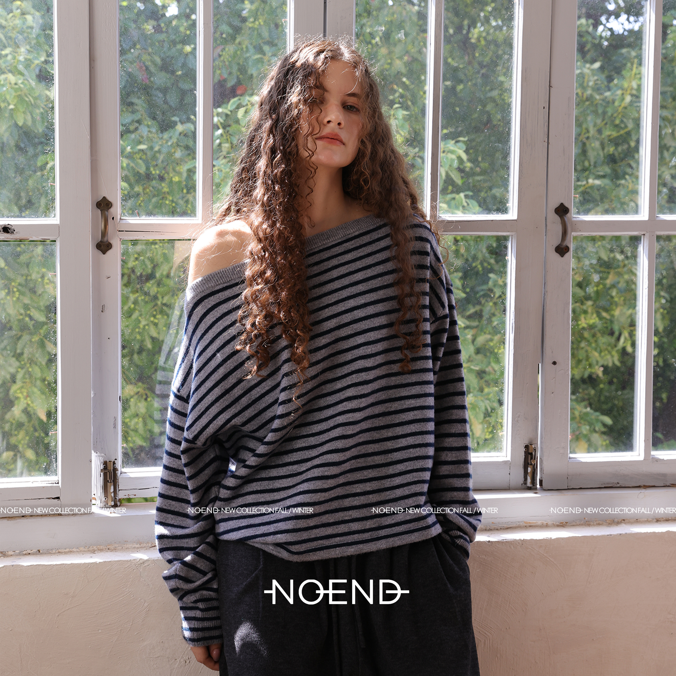 NOEND25/慵懒诗意经典条纹斜肩一字肩宽松套头针织毛衣