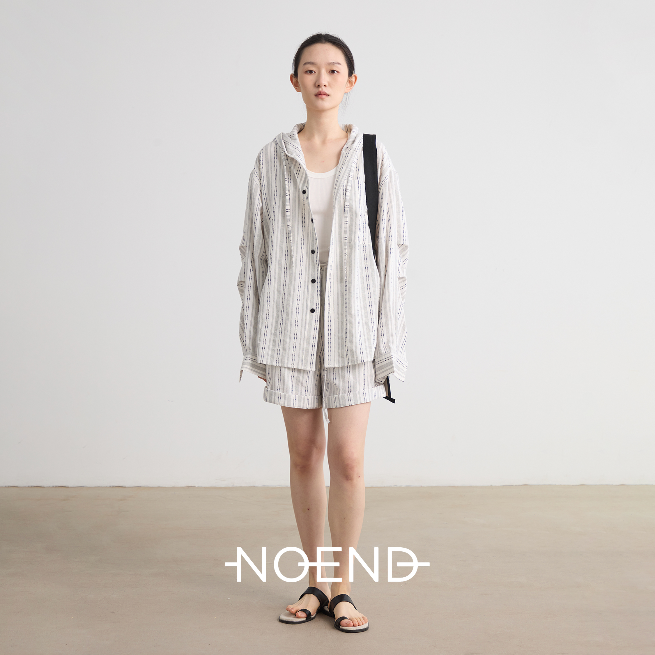 NOEND25SS 不等式撞色条纹棉麻随性松弛宽松翻边A型短裤　衬衫