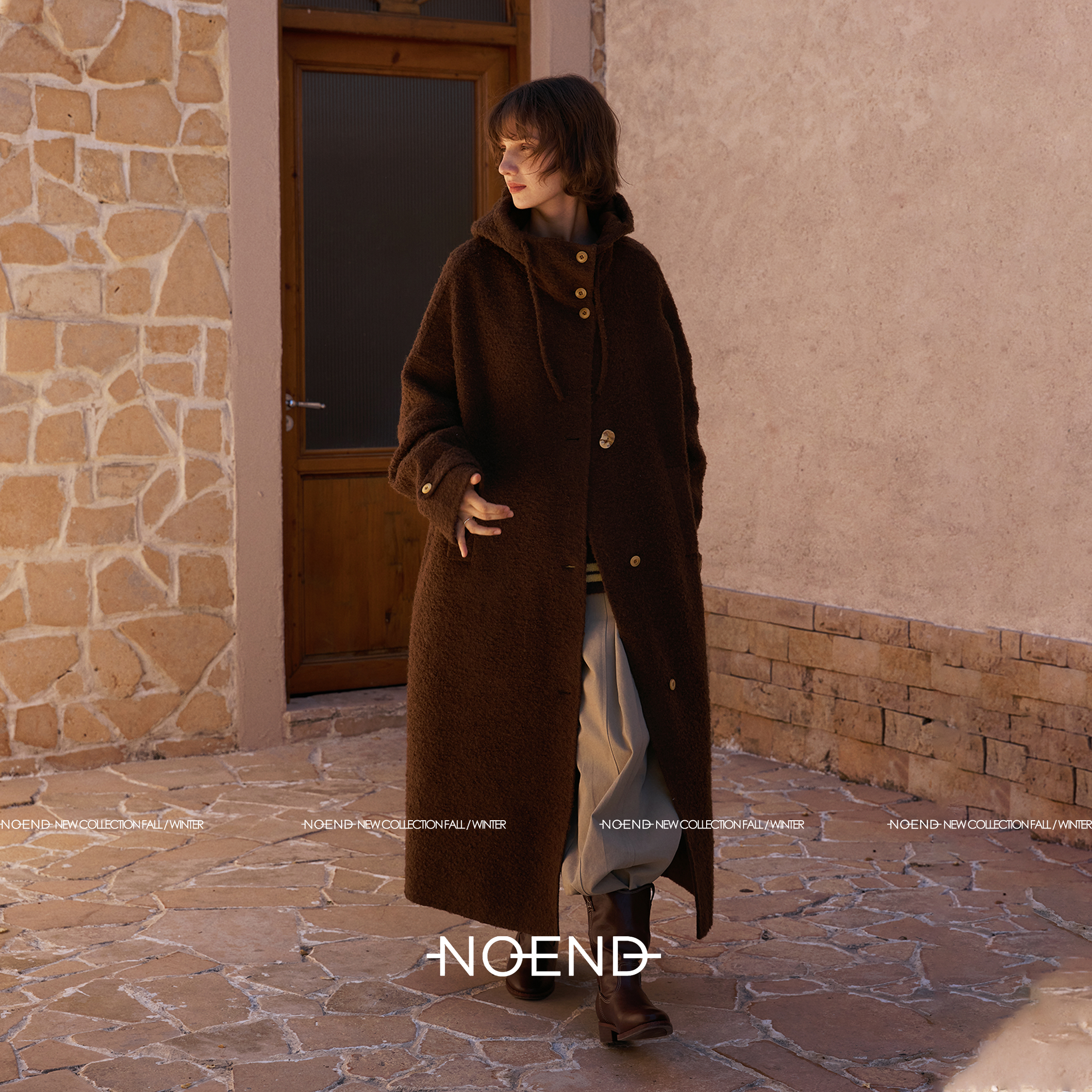 NOEND25/曼哈顿风情不规则纽扣连帽开衩休闲毛呢外套