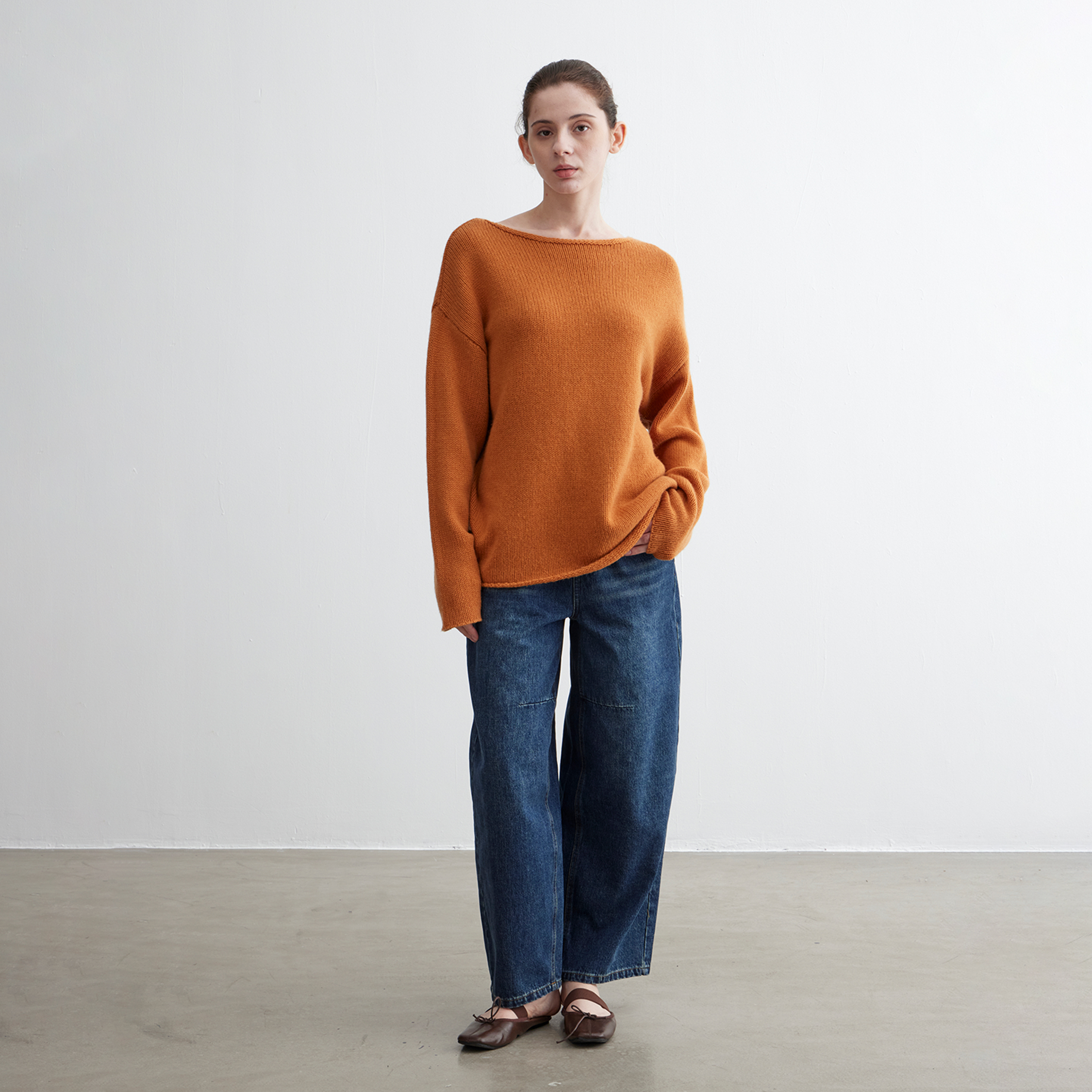 NOEND25SS 100%绵羊毛花纱宽松套头卷边毛衣