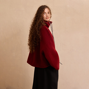 NOEND藏枝慢叙全毛红色撞色抽绳立领宽松短款双面毛呢外套