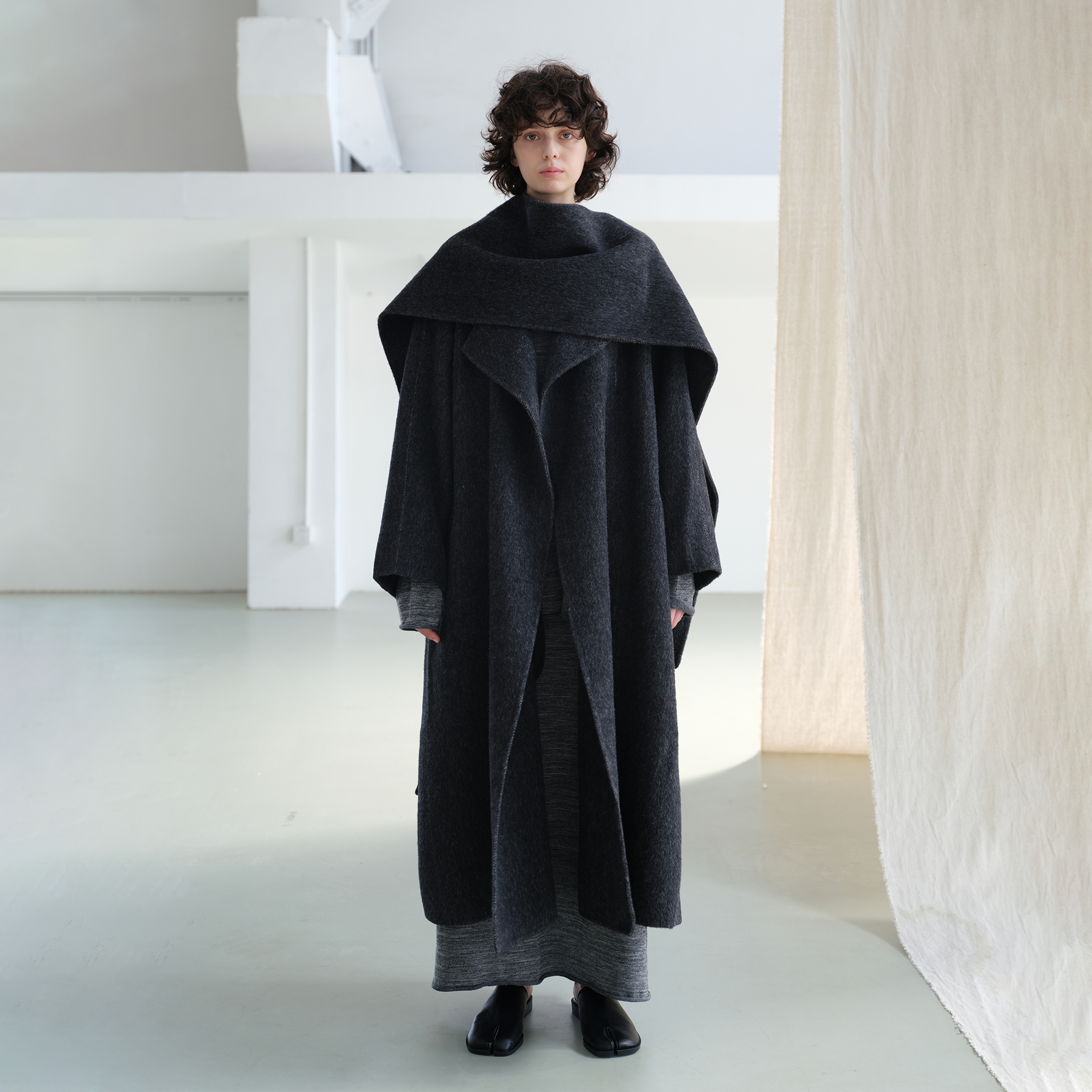 NOEND24AW围巾浴袍式慵懒宽松廓形长款蚕丝羊毛双面呢大衣