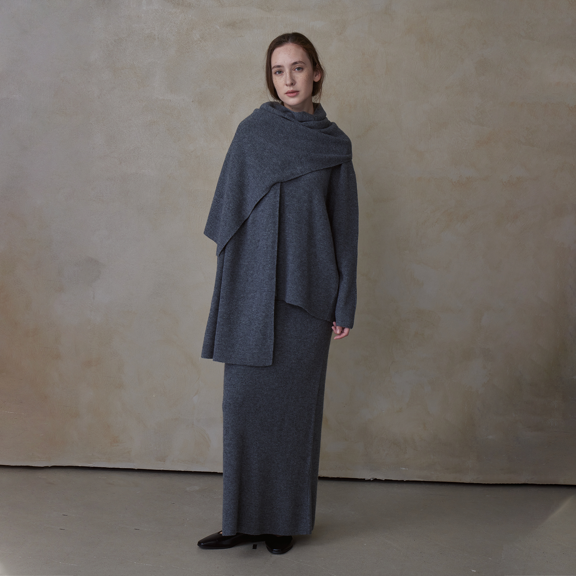 NOEND24AW 月明烟 極简三件套纯羊毛圆领毛衣围巾直筒半裙套装