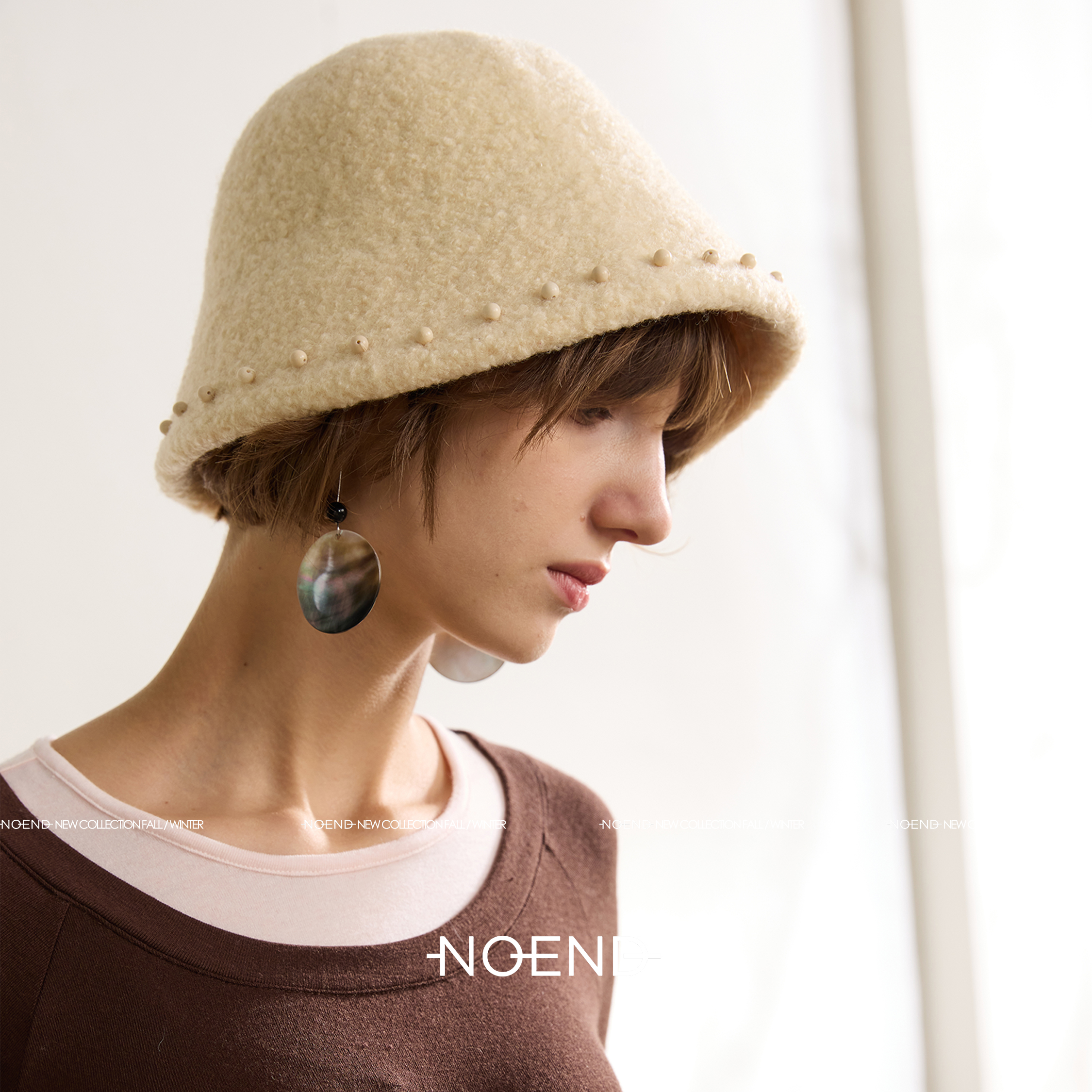 NOEND 25AW【手工天然石钉珠】百搭慵懒绵羊毛气质盆帽 渔夫帽