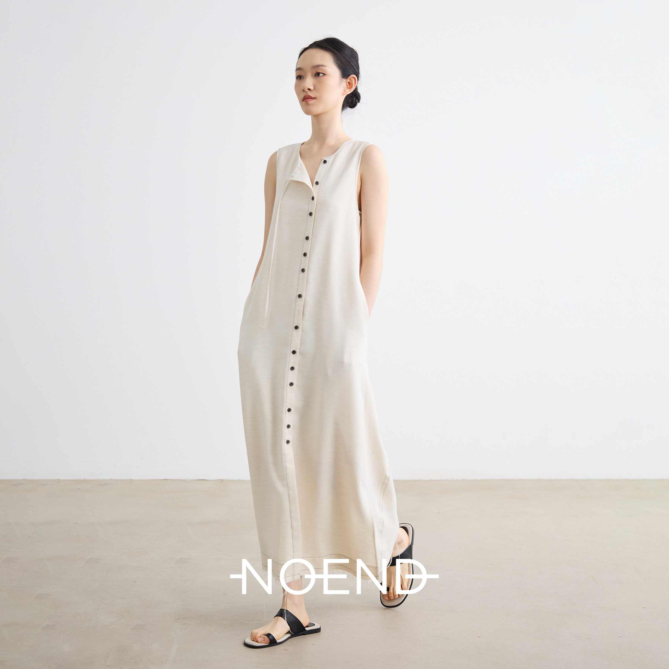 NOEND25SS 不规则斜裁下摆撞色线复古慵懒风无袖飘带衬衫连衣裙