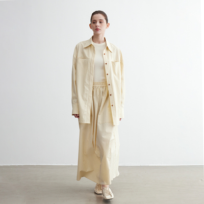 NOEND25SS【马嘉棋 同款】 撞色竖条纹衬衫松紧腰半裙伞裙套装