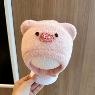 新款宝宝帽子冬季加厚毛绒可爱小猪卡通护耳包头防风秋冬季帽M