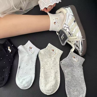 白色中筒Q 薄款 新款 小狗波点袜子女短袜可爱卡通透气ins潮短筒夏季