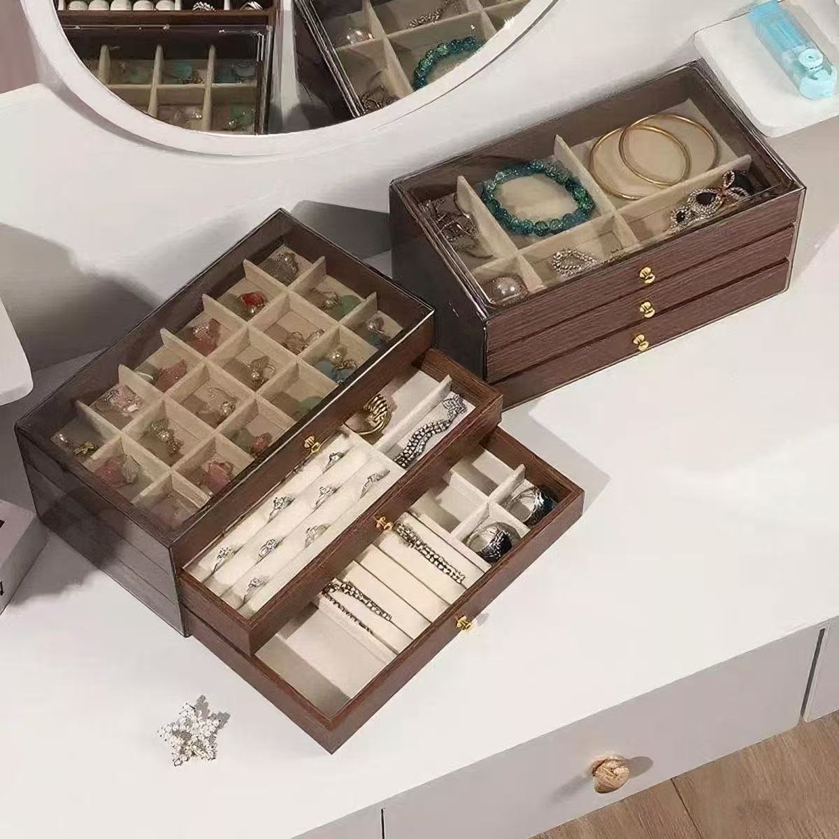 首饰盒多层胡桃木纹项链手镯手链