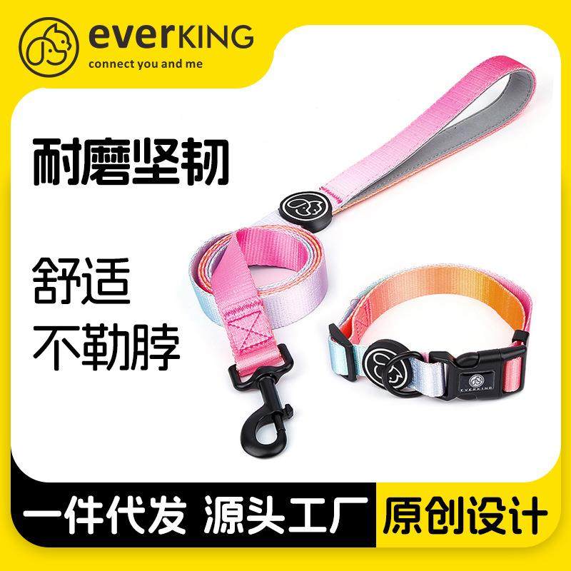 EVERKING狗狗牵引绳小型犬狗链子胸背带渐变色狗项圈遛狗绳子