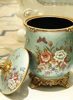 大号欧式用复古客厅带盖垃工圾桶家意创装饰品收纳桶HHL96412树脂