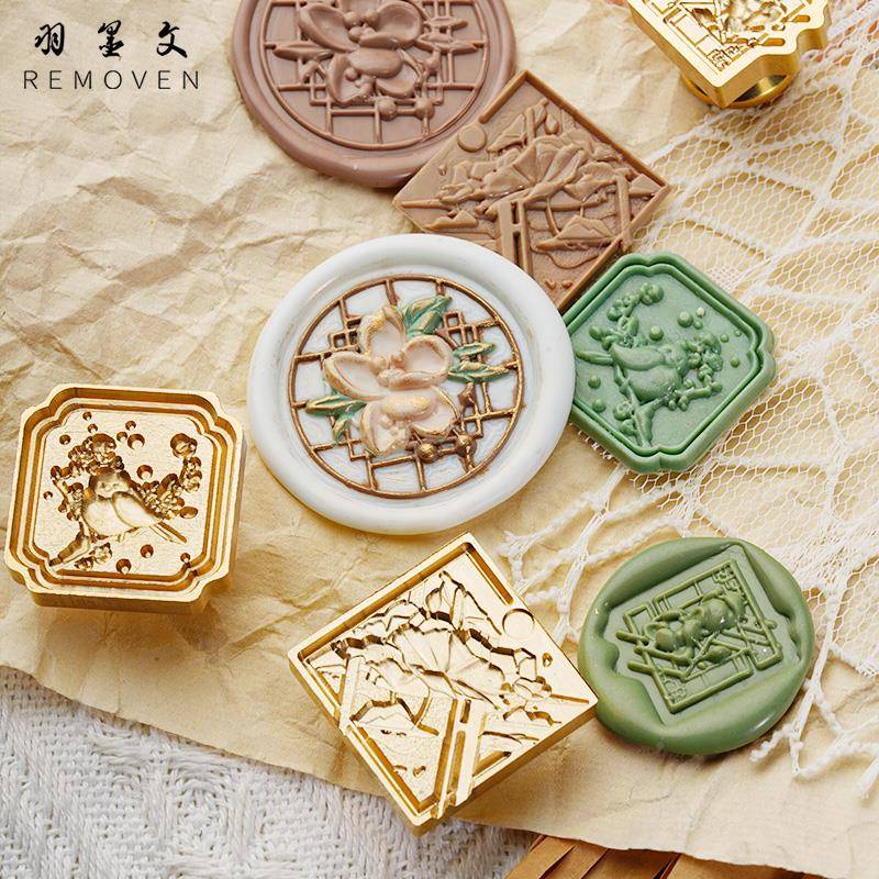 【羽墨文创】火漆印章头账浮雕四季轮转鸟系列花长章密封蜡装饰印