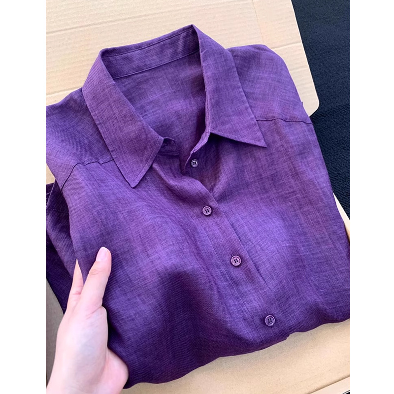 超好看紫色独特漂亮苎麻衬衫女2025新款廓形松弛感亚麻防晒衫上衣