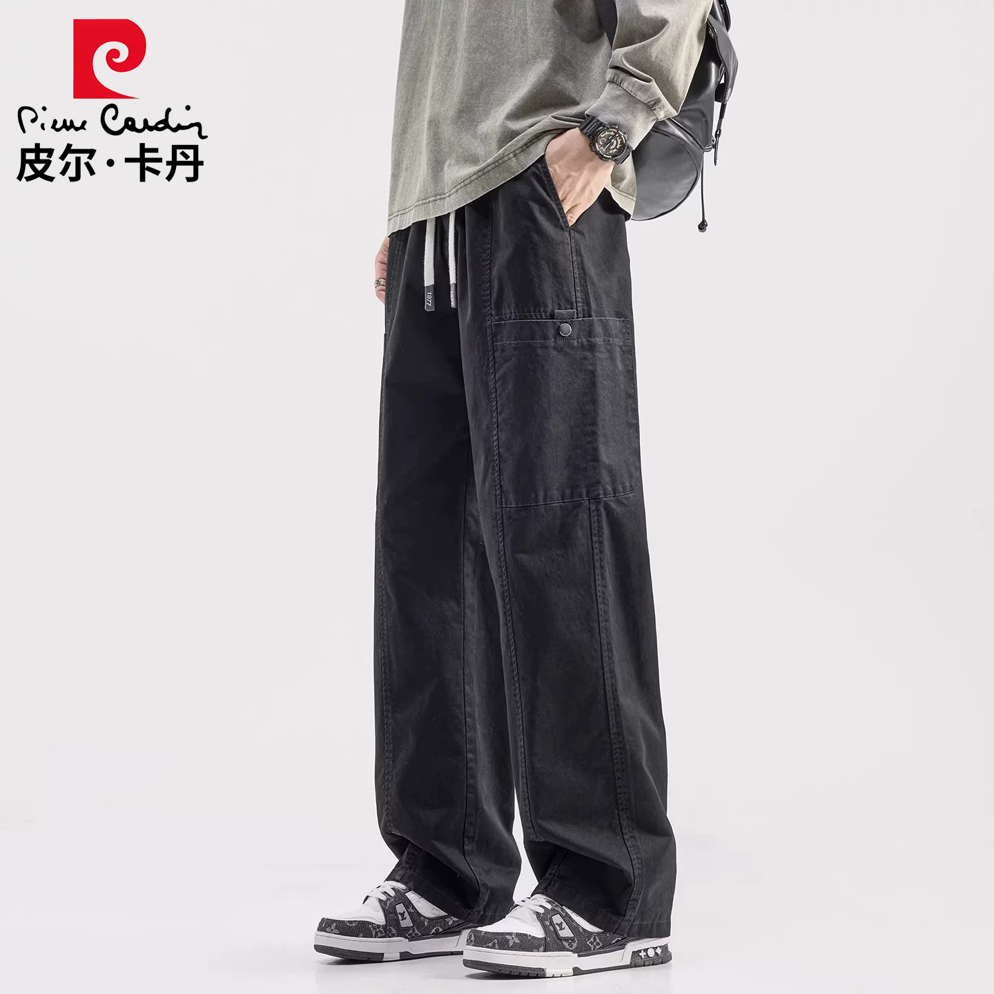 皮尔卡丹黑色纯棉多口袋工装裤子男士夏季冰丝薄款宽松直筒休闲裤