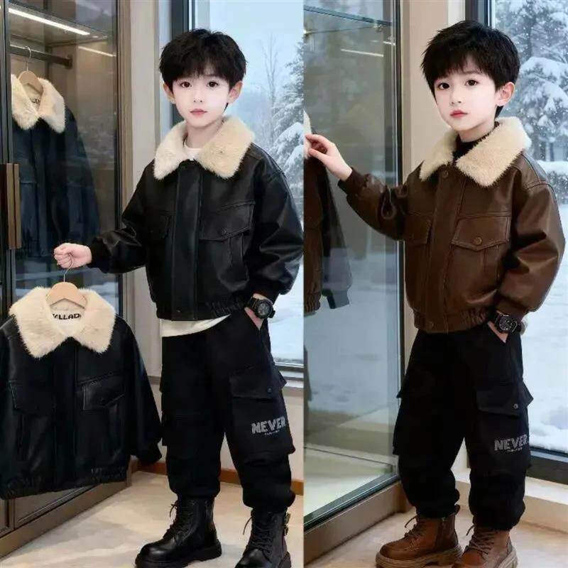 尚喜童装优选童装男童冬装加绒加厚外套皮衣冬儿童机车夹克童装