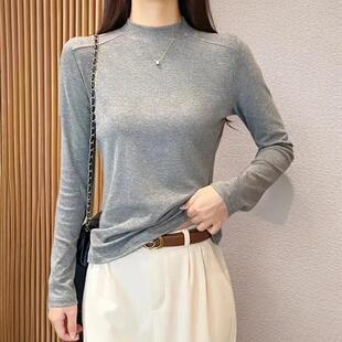 如升修身半高领鱼骨长袖T恤女春秋内搭修身圆领高弹显瘦打底衫