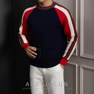 特琪轻奢服饰经典老钱风圆领毛衣秋冬加厚正肩长袖男士套头针织衫