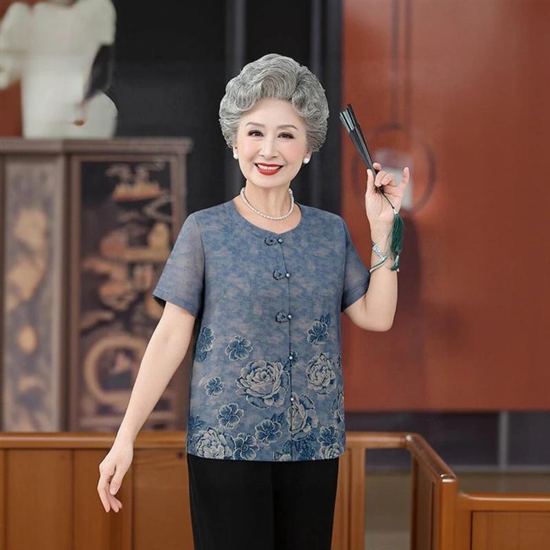 禧岁织妈妈夏装薄宽松短袖小衫2026新中老年人奶奶家居上