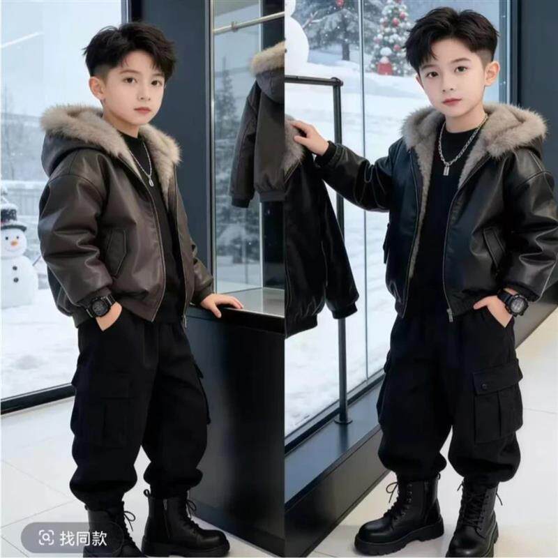 Flowing Wonder潮星童趣男童冬外套加绒皮衣秋冬儿童痞帅夹克衫冬
