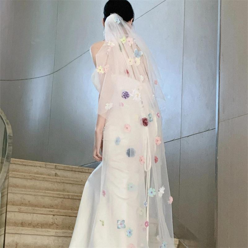 花朵头纱领证新娘主婚纱七夕求婚头饰氛围感拍照神器大拖尾高级感