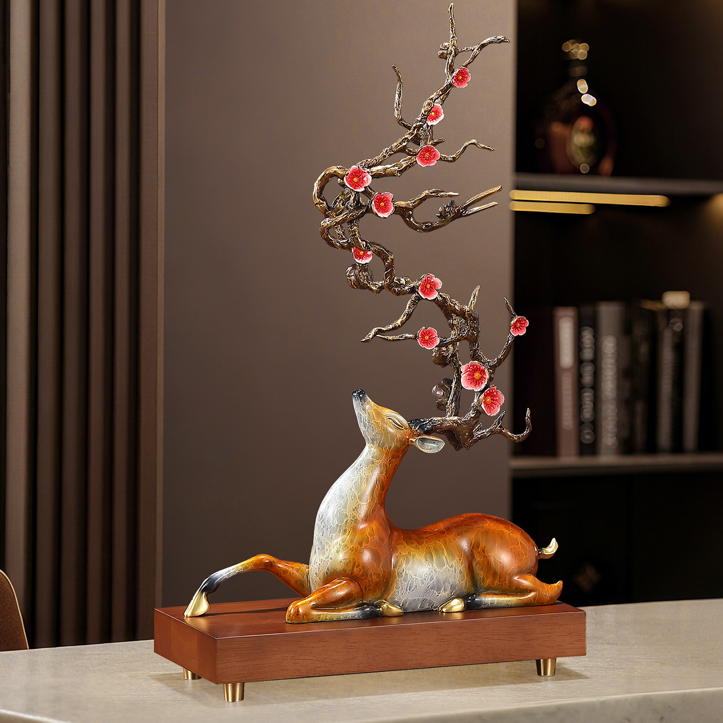 逐鹿生财黄铜鹿摆件梅花鹿路上有财办公室家居酒柜装饰品摆设礼物