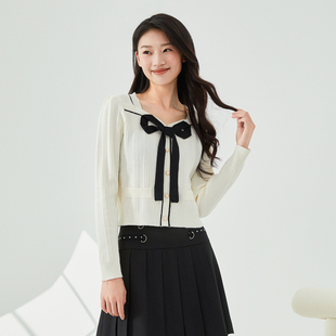 阿依莲千金miu系套头针织衫2026春款蝴蝶结系带小个子短款上衣女