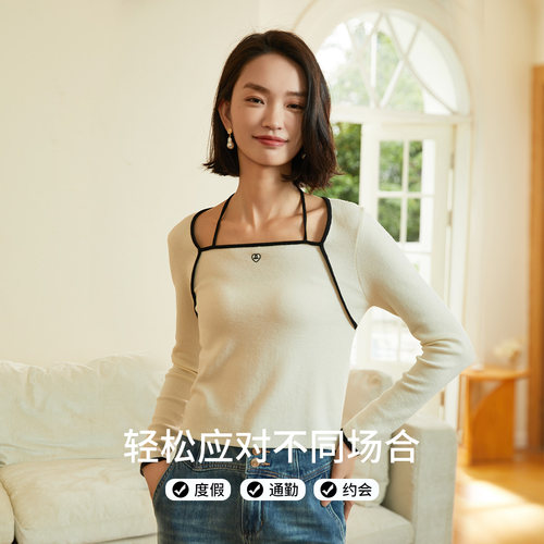 阿依莲小众设计感挂脖系带套头小衫时尚新款女装2026春针织衫上衣