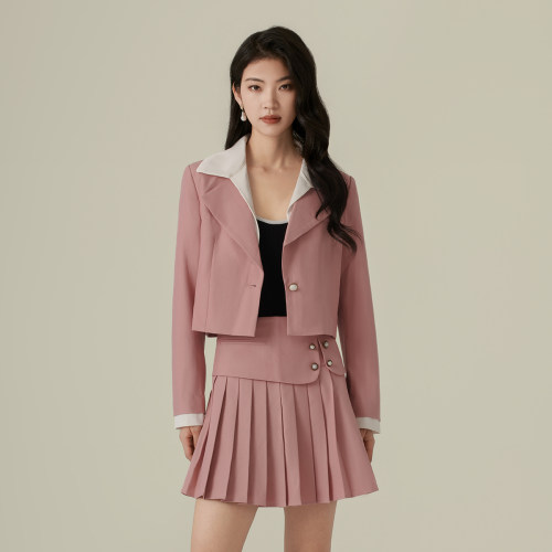 阿依莲2026秋新款百褶裙学院风西装小个子盐系少女感穿搭秋两件套
