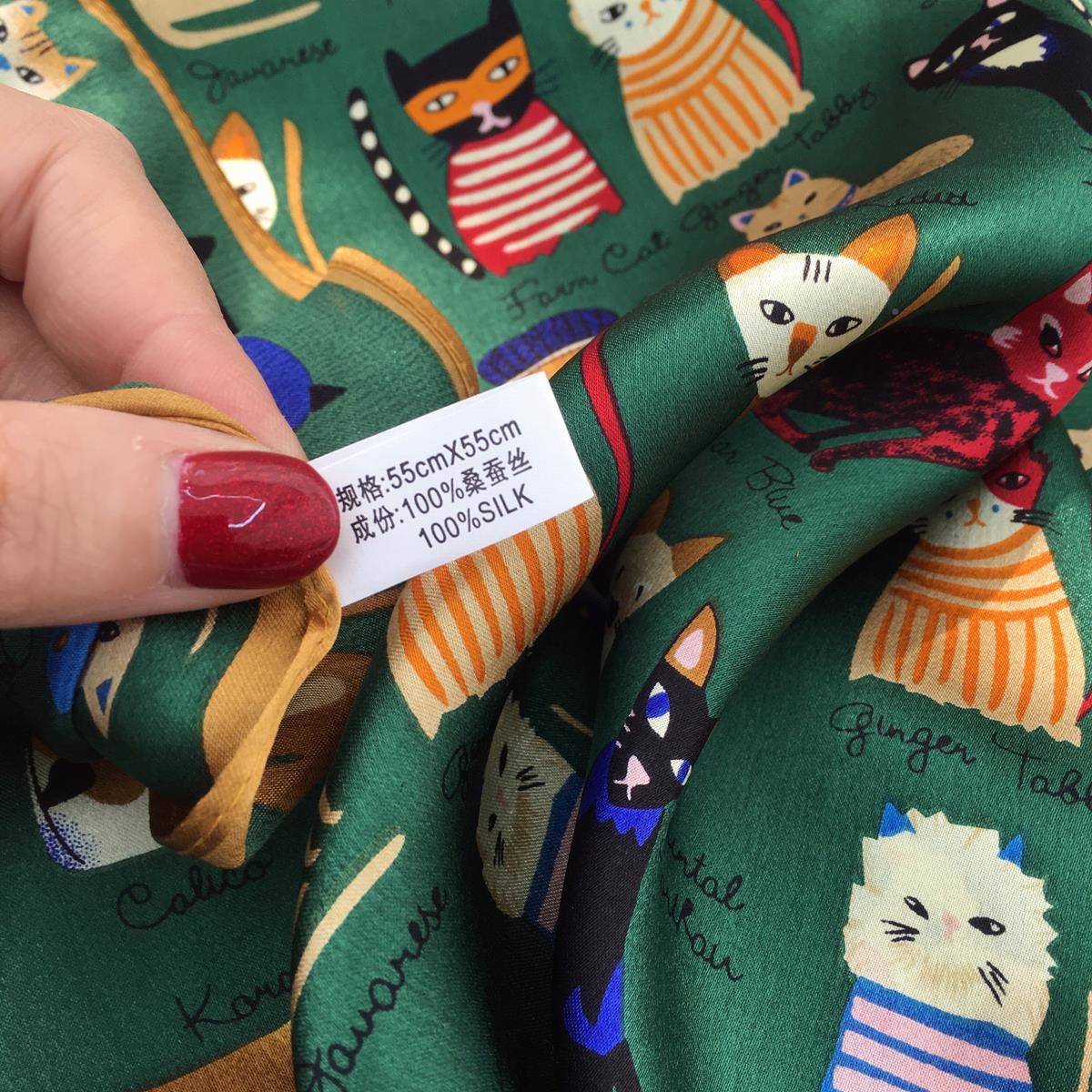 小领巾春秋季韩版百搭卡通咪猫100%蚕桑丝真丝PIL丝巾装饰小围巾