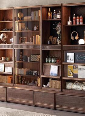 北欧黑胡桃木组合书柜玻璃防尘落地全实木展示柜储物客厅原木书架