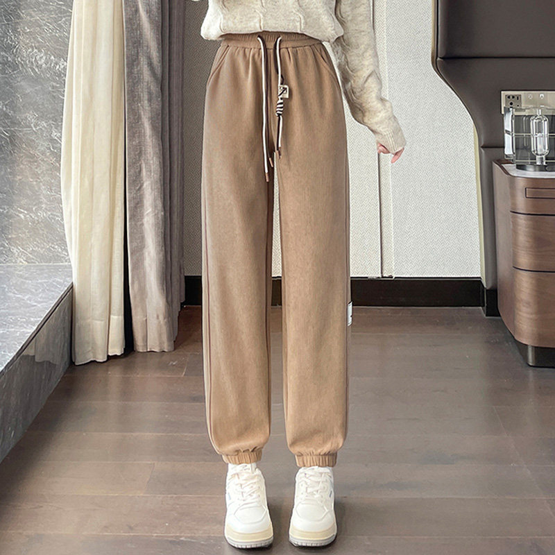 条纹运动裤女高腰秋冬季加绒加厚宽松显瘦大码女裤胖mm束脚哈伦裤