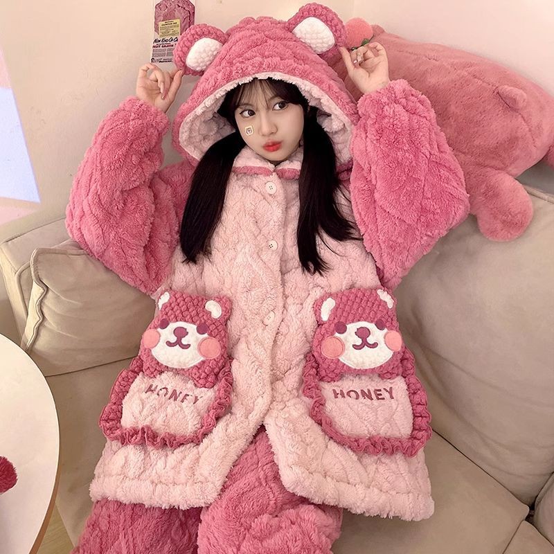 珊瑚绒三层夹中长款棉袄睡衣女冬季加厚加绒法兰绒可爱家居服套装