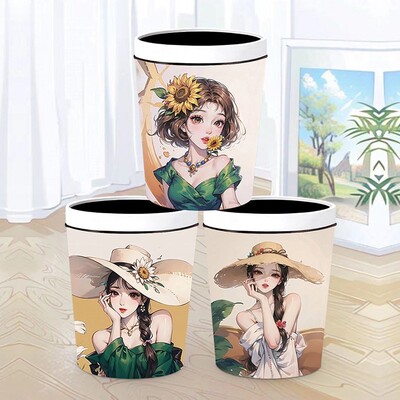 手绘动漫女孩压圈垃圾桶创意卡通高颜值大容量家用客厅卧室卫生桶
