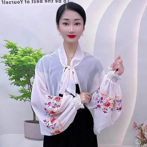 精品【绣花披肩】刺绣防晒衣宽袖冰丝雪纺春夏绣花防晒时尚百搭民