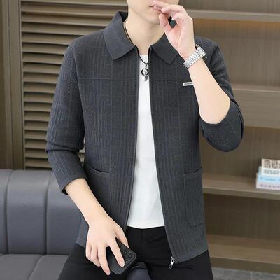 佩汐服饰男士新款翻领提花针织开衫 休闲百搭潮流修身时尚外