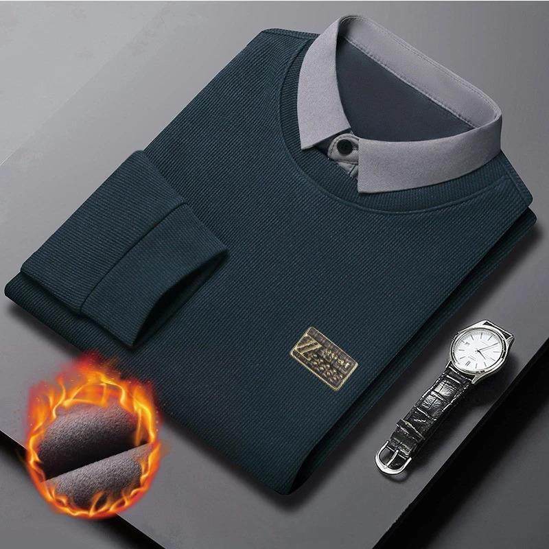 凡汐STUDIO冬季男士加绒毛衣假两件针织衫长袖T恤 polo保暖打底衫