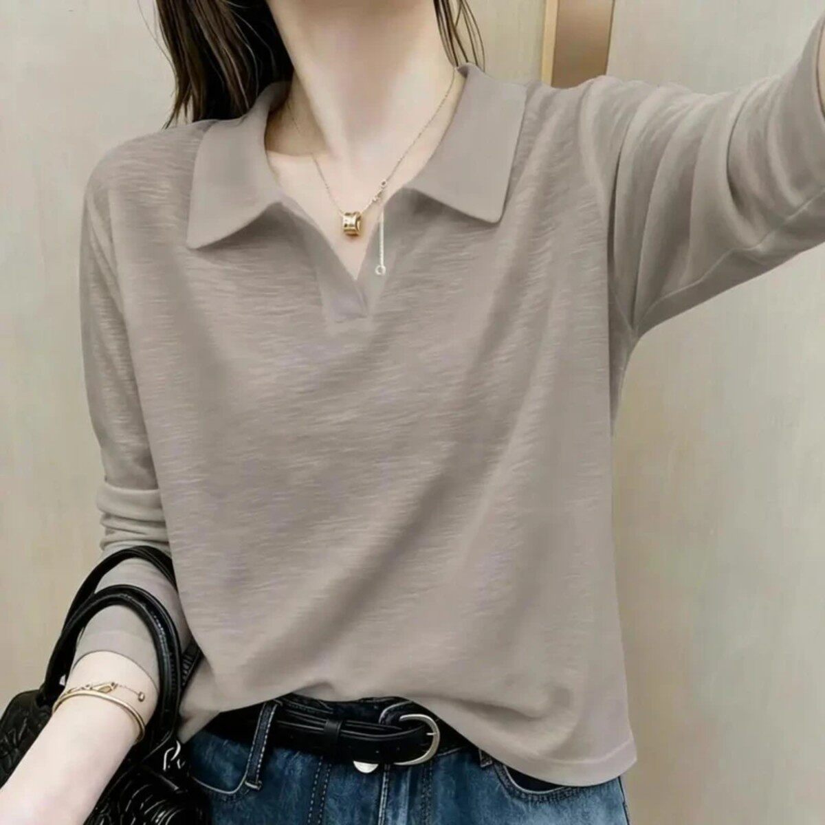 1孔雀服饰洋气显瘦简约纯色女春秋POLO衫长袖上衣T恤时尚百搭