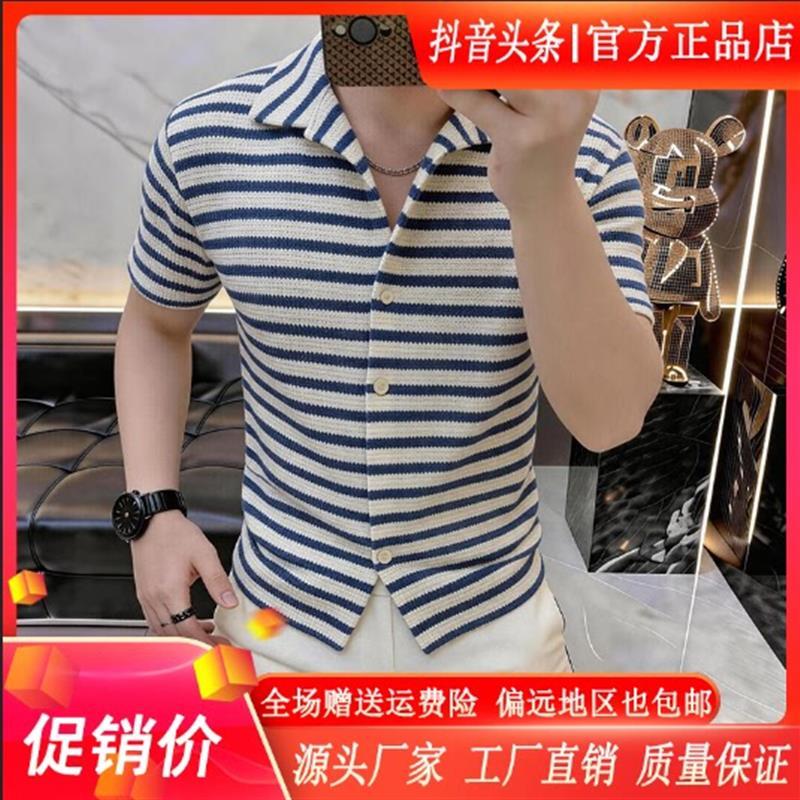 衣凡欧品男装夏季薄款蓝色条纹翻领短袖衬衫时尚休闲潮流衬衣上衣