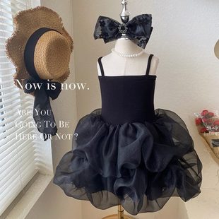 洋氣小女孩吊帶裙女寶寶網紗蓬蓬裙兒童禮服公主裙 女童小黑裙夏款