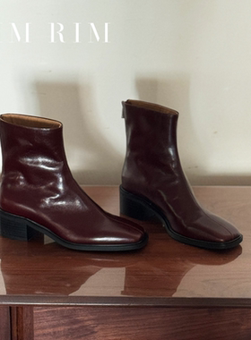 RIM RIM2025秋冬新款简约粗跟短靴女后拉链方头靴子中跟4cm