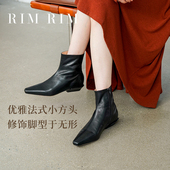 RIM RIM原创法式 小方头短靴女欧洲马皮粗跟哑光绒面秋冬瘦瘦靴子