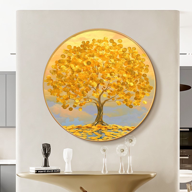 精品新款发财树圆形装饰画油画感金色摇钱树玄关斗柜挂画餐厅旺运图片