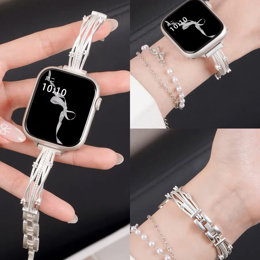 适用华为Fit5表带ins镶钻花环缠绕闪钻铜链表链iwatchS11/10/9/8/7代se3女41mm红米65腕带D2华为GT65高级9Pro