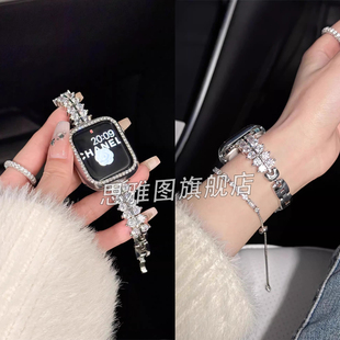 适用华为fit3表带ins小麦穗闪钻锆石铜质表链watchFit2镶钻45mm高级女iwatchS10 5代se金属46mm表链