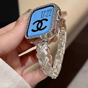 9Pro表链镶钻 适用华为fit4表带新款 5代se高级41mm女45mm闪钻8 ins锆石麦穗手镯铜材质表链iwatchS10