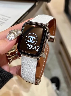 适用华为watchFit3表带ins千金感菱格纹真皮质磁吸扣腕带fit2高级感iwatchS10/9/8/7/6/5代se秋冬女45mm表带