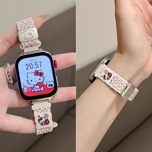 适用华为Fit4表带ins秋冬细款kt猫编织磁吸腕带iwatchS11/10/9/8/7代se3女41mm学生45mm百搭89Pro红米watch65