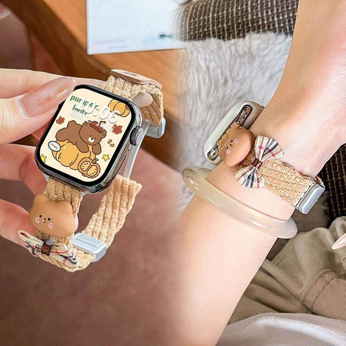 适用华为Fit4表带ins秋冬毛呢小熊磁吸扣腕带iwatchS11/10/9/8/7代se3女41mm百搭45mm可爱9Pro红米watch6/5/4,智能设备,智能手表手环表带/腕带,淘宝优惠券,粉丝福利购,淘宝优惠卷